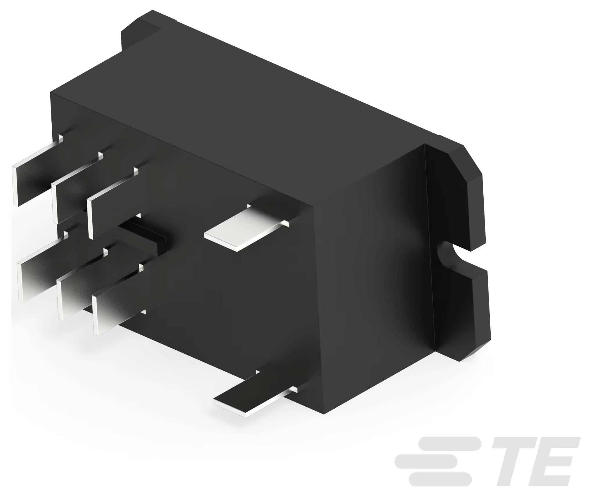 A black rectangular electrical component with metal pins protruding from one side, likely used for electronic connections or circuits.
