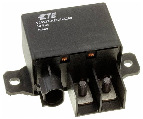 Black automotive relay with two metal terminals, labeled 'TE V23132-A2001-A200 12V make', used for electrical circuits.