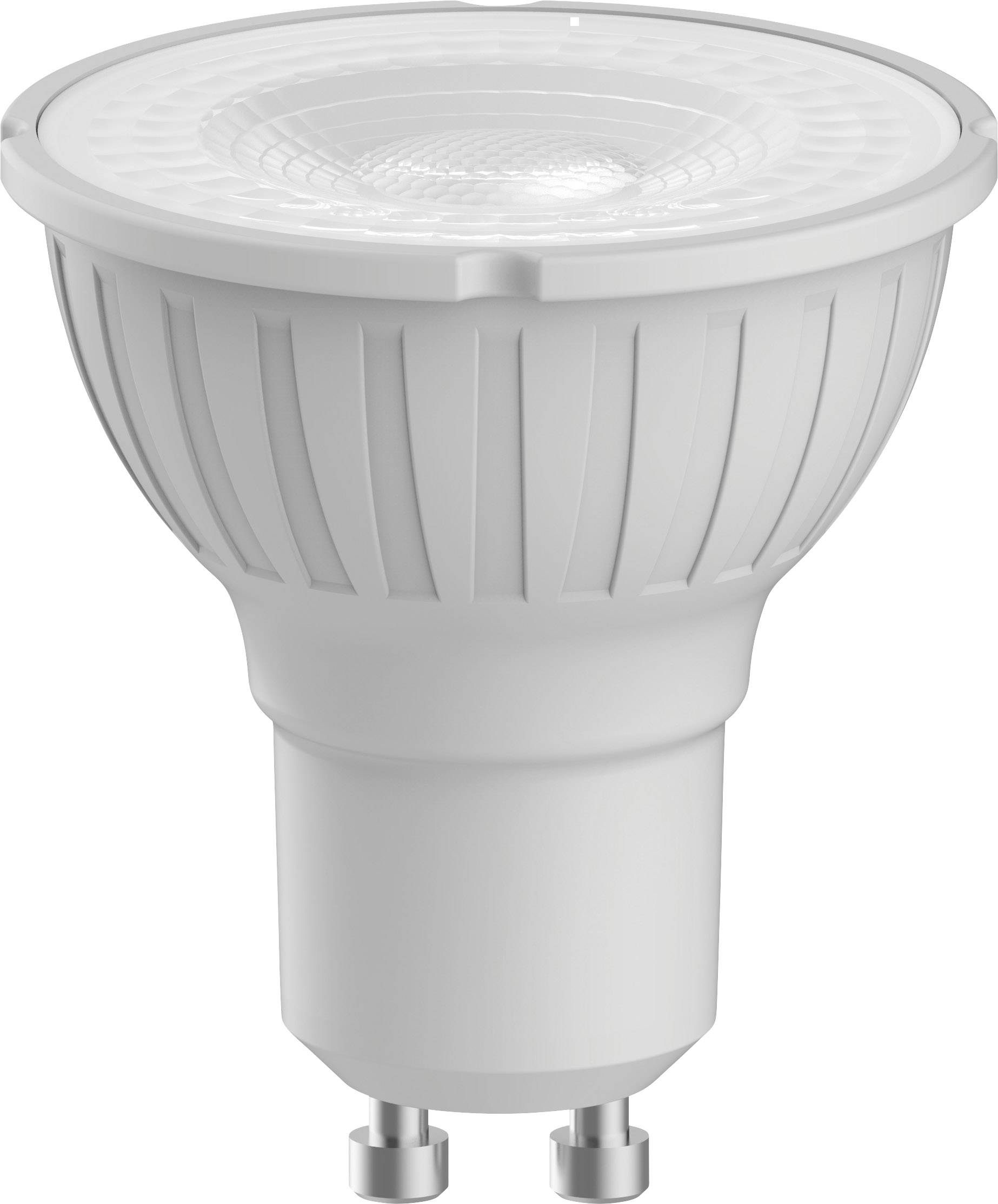 Eine weiße GU10 LED-Glühbirne mit mattem Gehäuse und geripptem Design. Geeignet für energieeffiziente Beleuchtung.