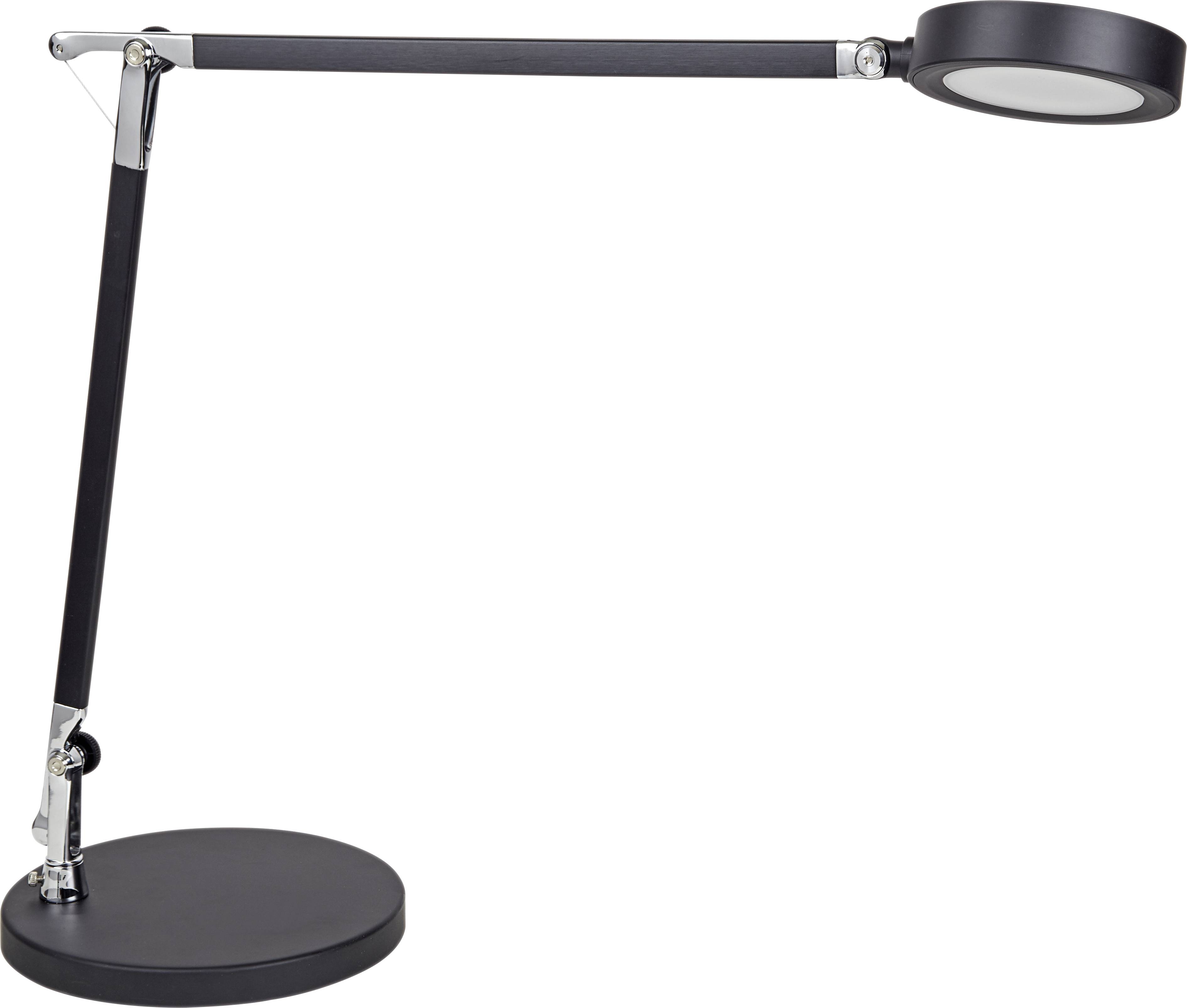 Eine schwarze, moderne Schreibtischlampe mit rundem Sockel und verstellbarem Arm, ideal zum Lesen oder Arbeiten.