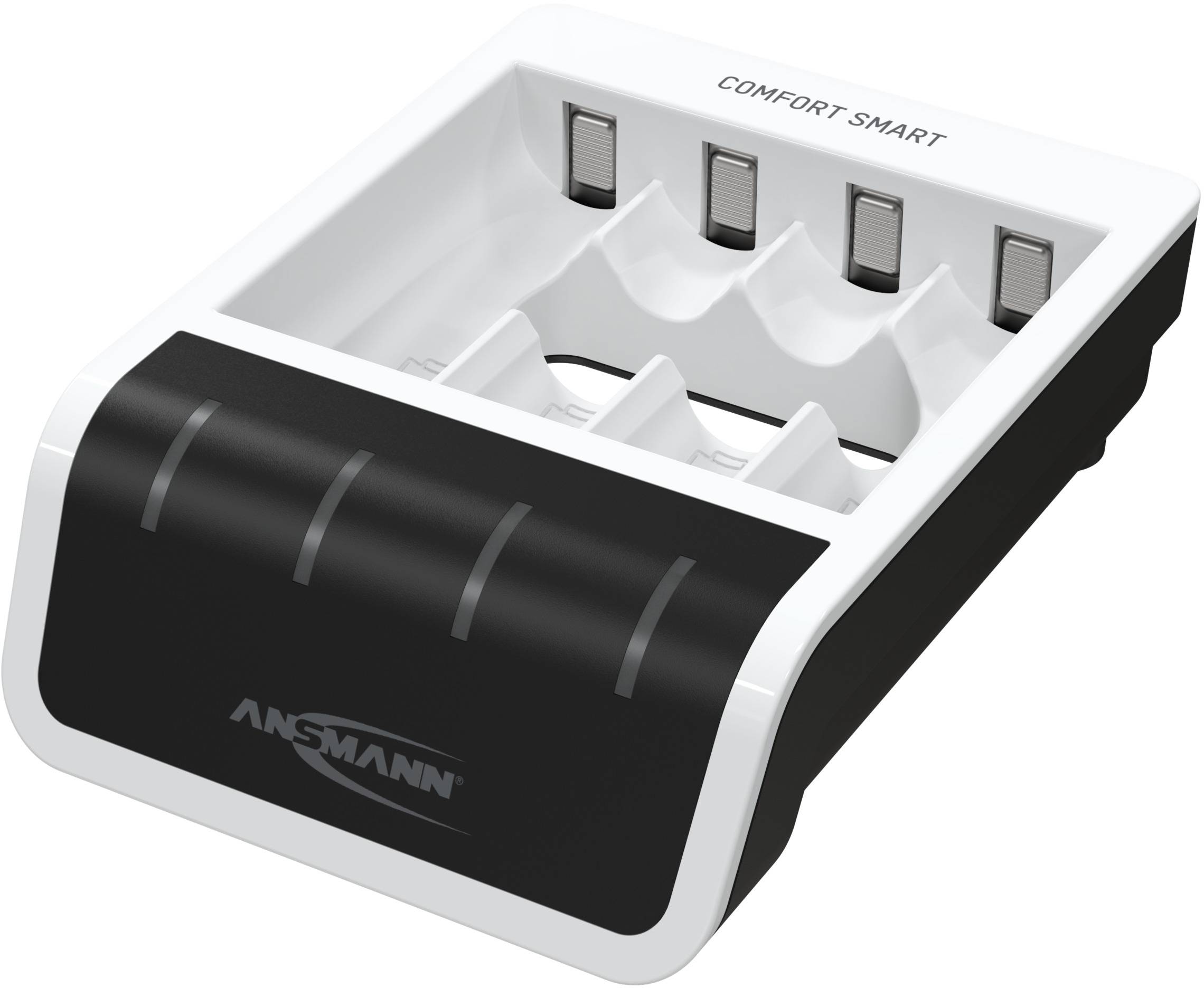 Ein schwarzes und weißes Batterieladegerät mit vier Ladesteckplätzen, gekennzeichnet mit 'Comfort-Smart'.