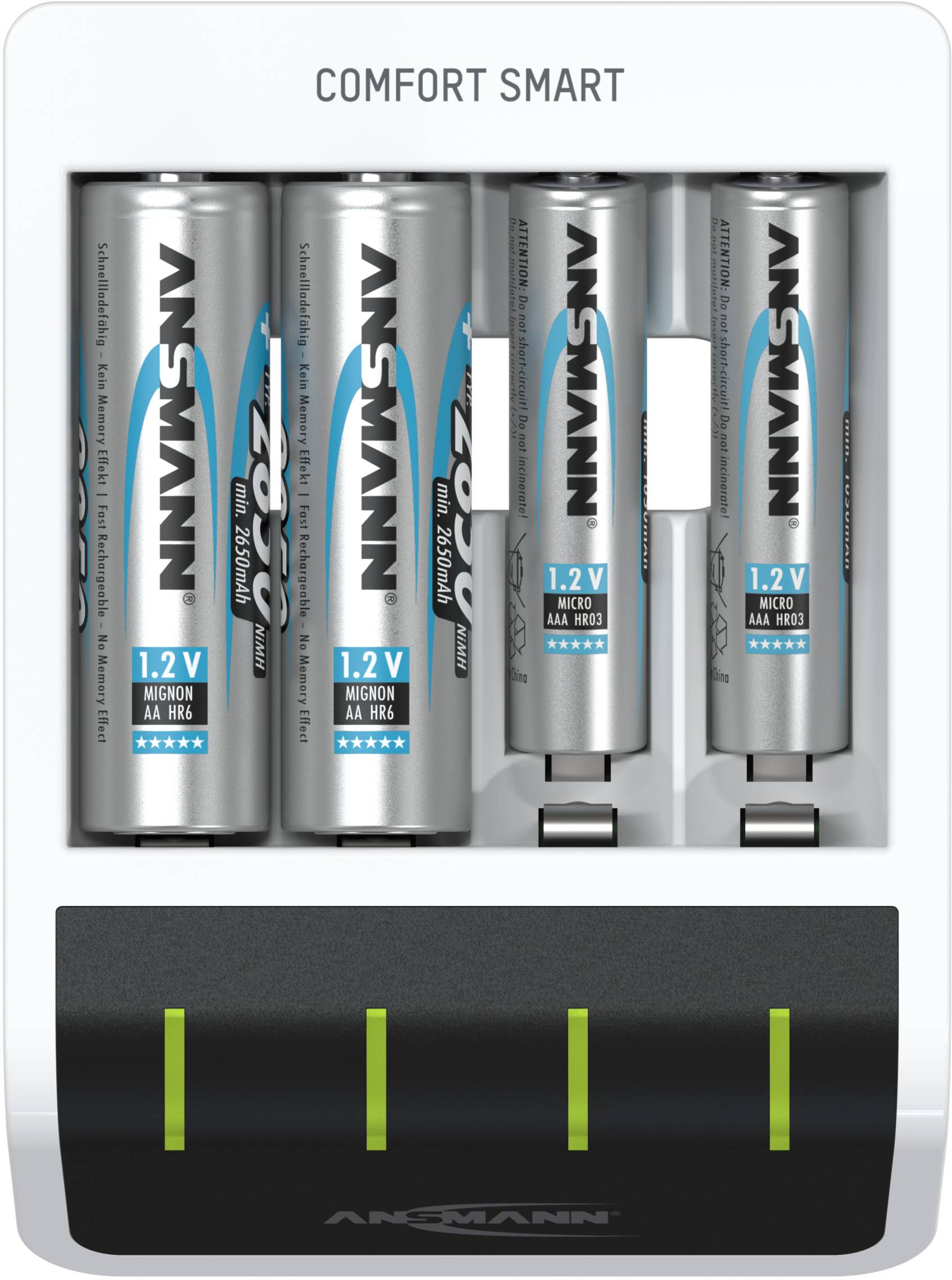 Akkuladegerät mit vier wiederaufladbaren AA-Batterien der Marke Ansmann, alle erkennbar durch sichtbare blaue und silberne Etiketten.