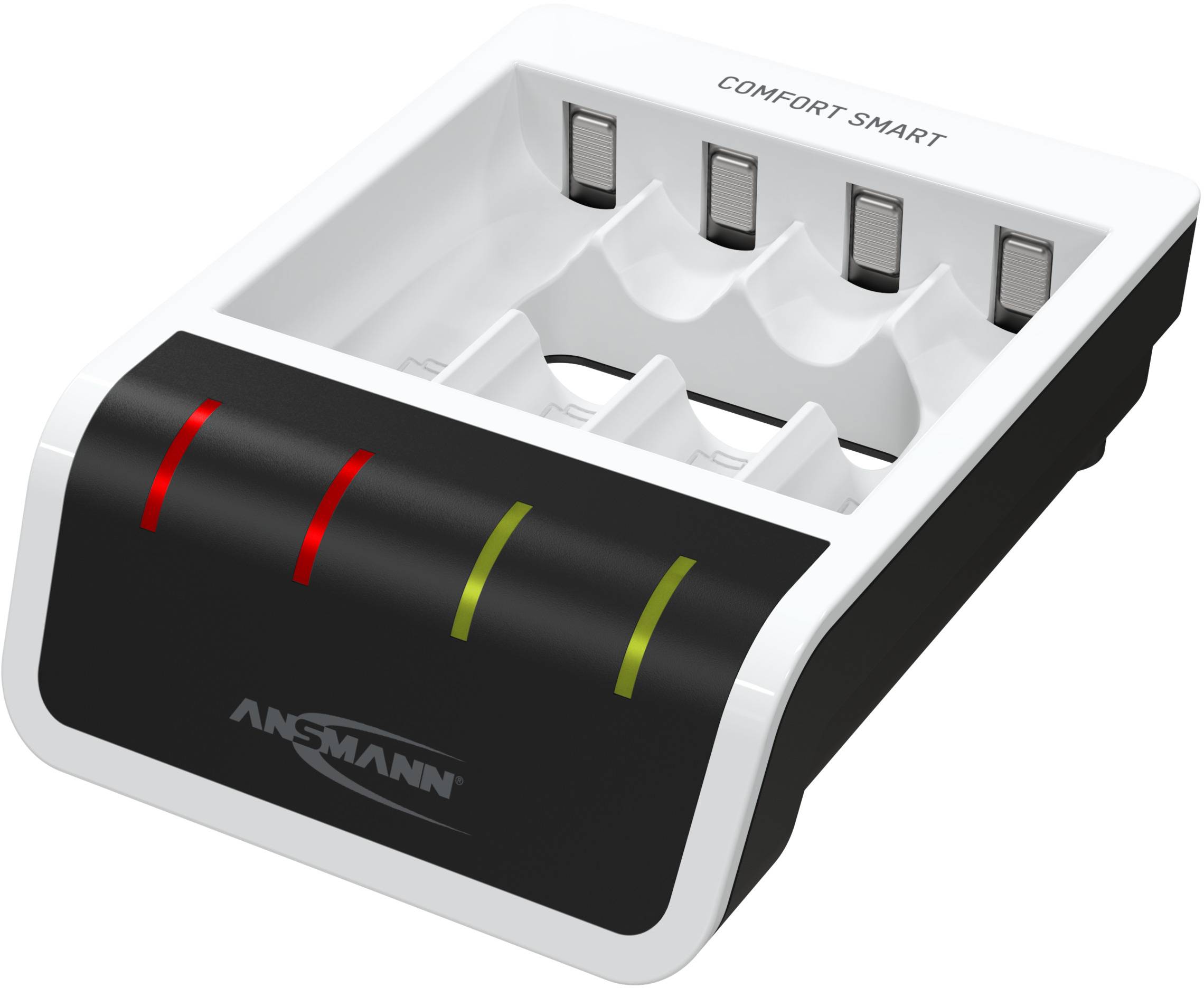 Batterieladegerät für AA oder AAA-Batterien mit Platz für vier Batterien. Zwei LEDs zeigen den Ladestatus an.