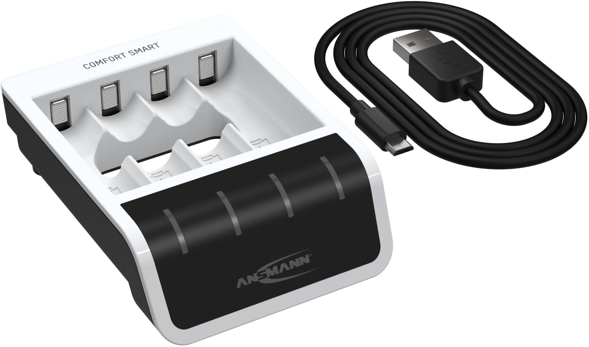 Ladegerät für AA/AAA-Batterien mit vier Ladesteckplätzen, USB-Ladekabel, schwarzes und weißes Design, geeignet für Komfortladung.