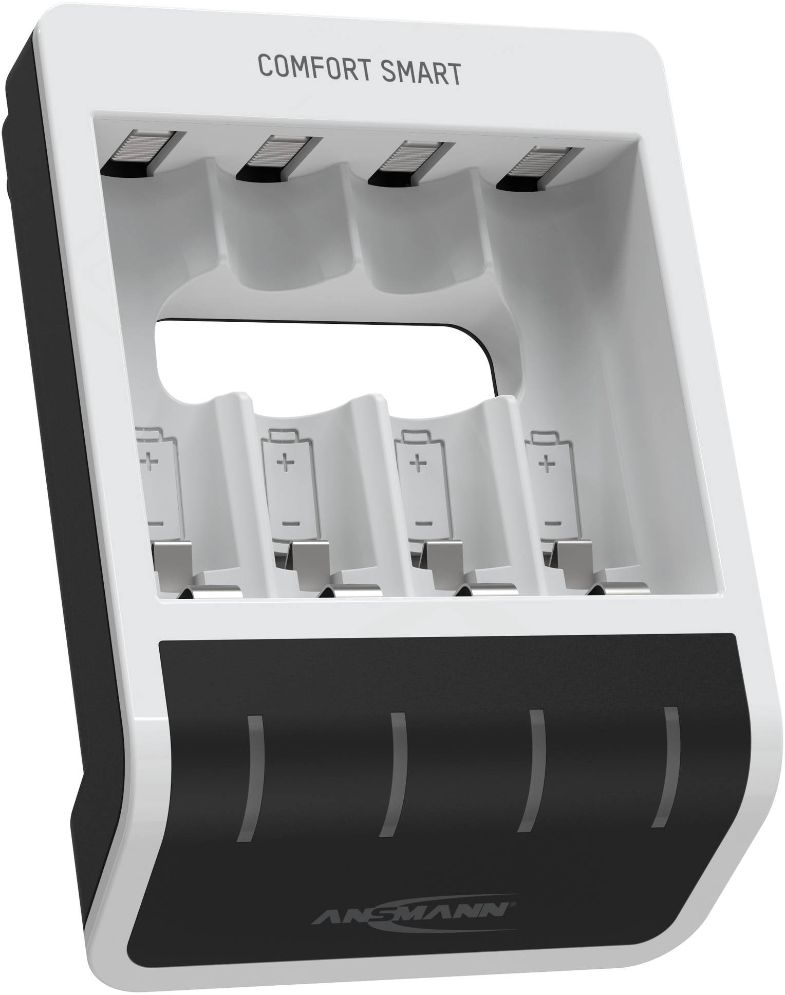 Ein Batterieladegerät mit der Aufschrift 'Comfort Smart', vier Ladeplätze und polaritätsgekennzeichnete Kontakte.