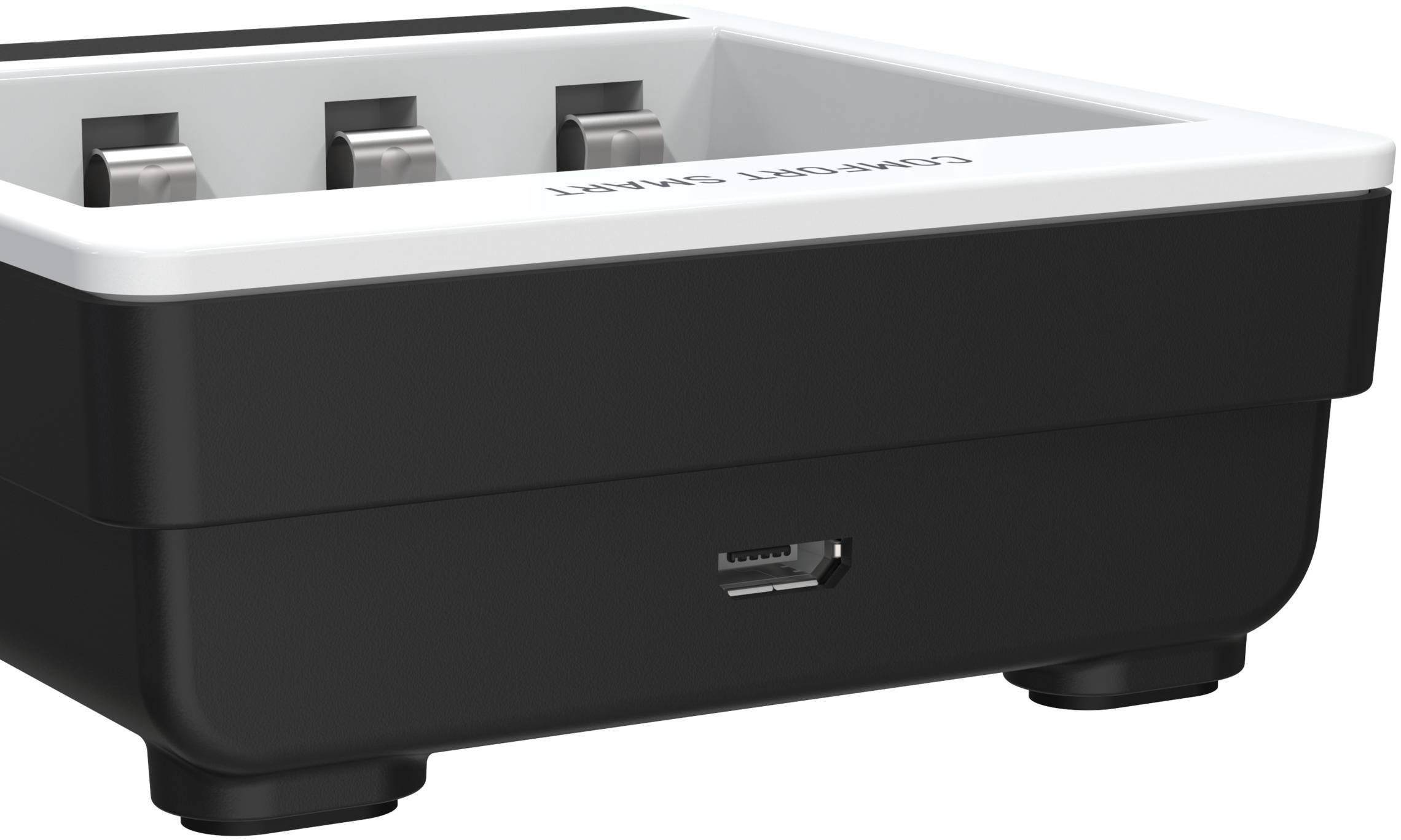 Schwarzes und weißes elektronisches Ladegerät mit drei Metallkontakten und einem USB-Anschluss an der Seite.
