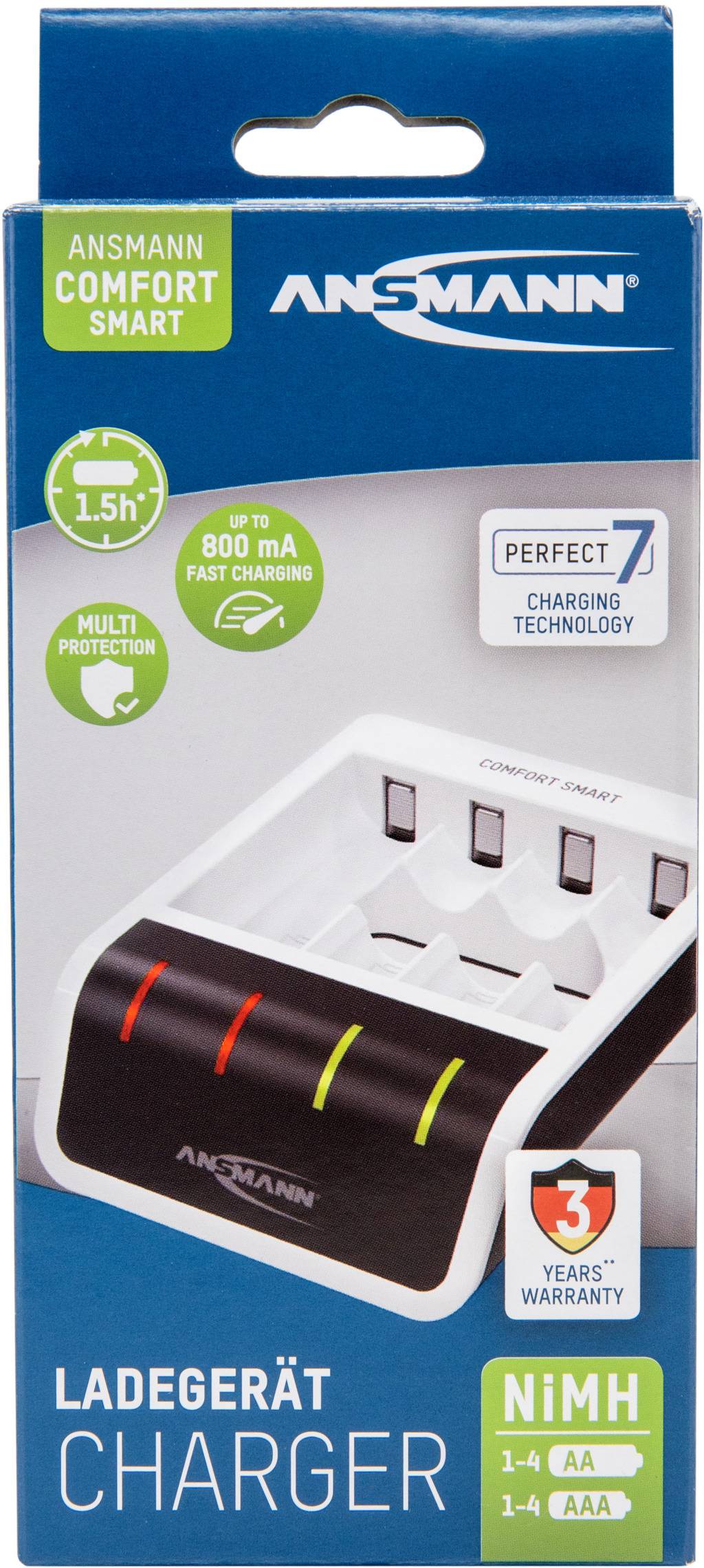 Ladegerät-Ansmann Comfort Smart für AA/AAA-Akkus, mit Mehrfachschutz, schnelles Laden bis 800 mA, 3 Jahre Garantie.