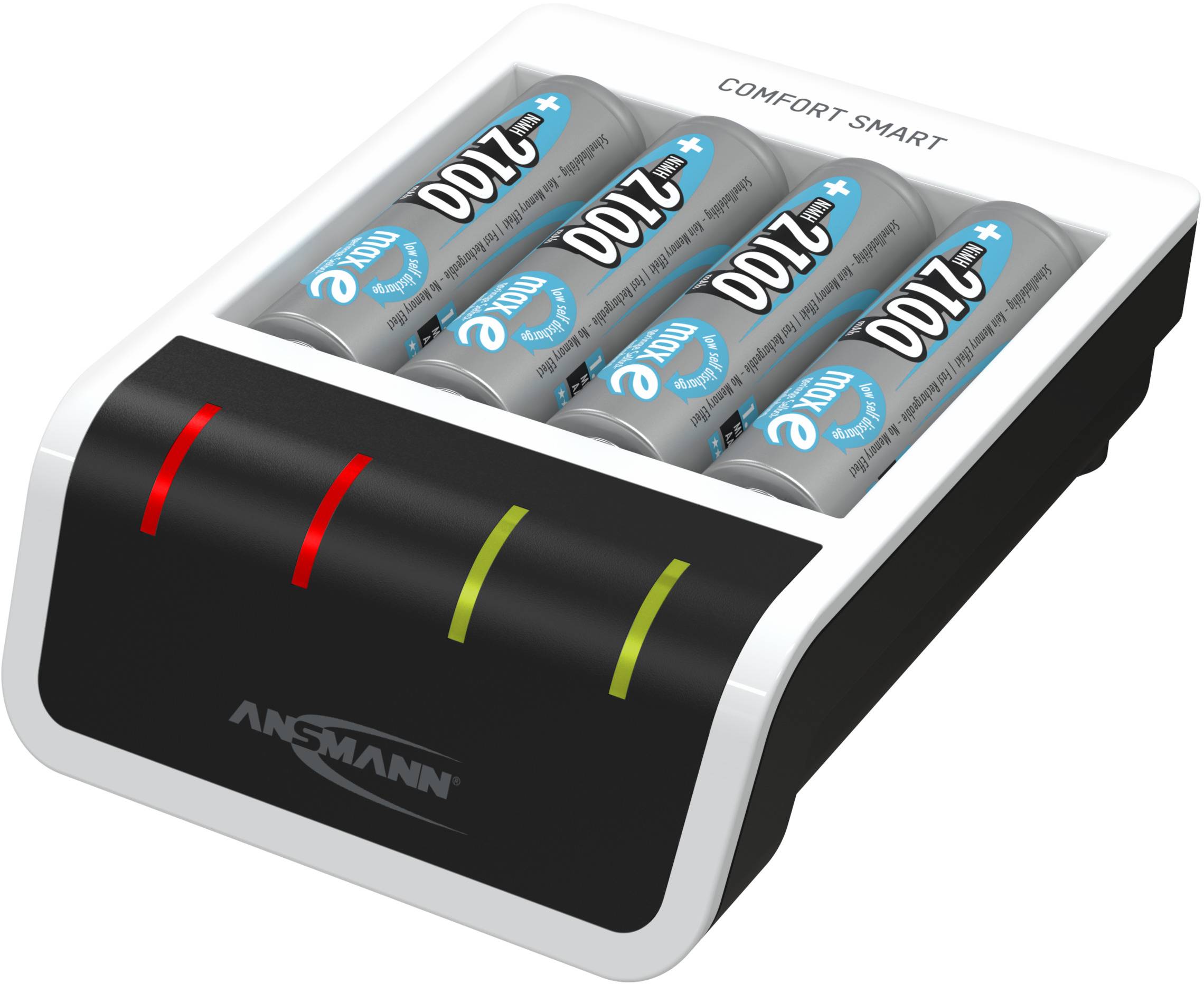 Ein Batterieladegerät mit sechs eingelegten AA-Batterien. Das Gerät hat LED-Anzeigen, die den Ladestatus anzeigen.