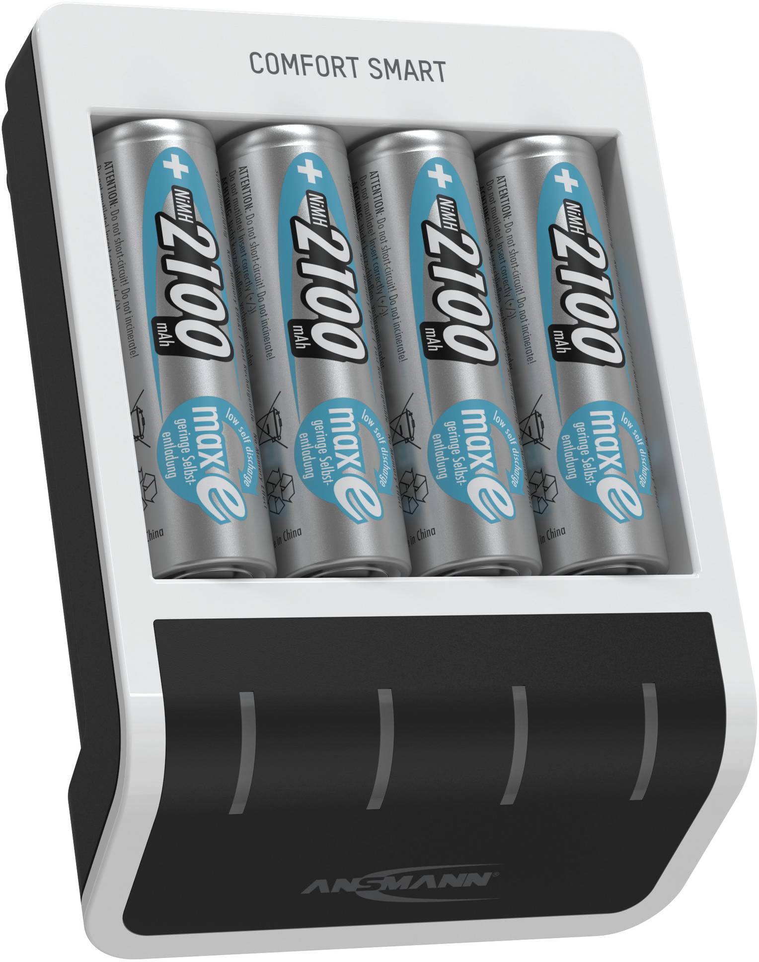 Batterieladegerät mit vier AA-Batterien. Oben steht 'Comfort Smart'. Batterien tragen die Aufschrift '2100 mAh' und 'maxE'.