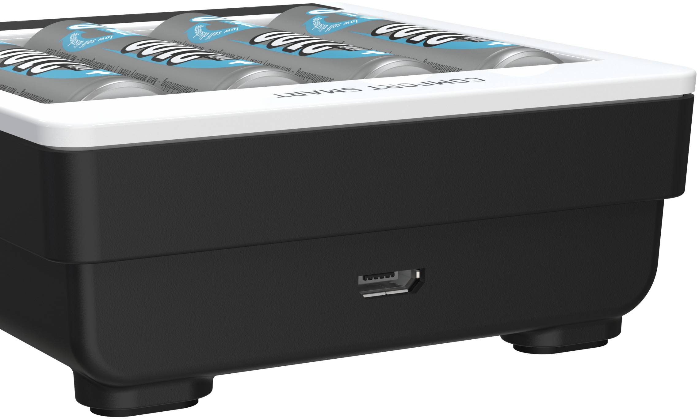 Ein batteriebetriebener Lader mit sechs AA-Batterien ist sichtbar, die von oben eingelegt sind. Ein USB-Anschluss ist an der Seite.
