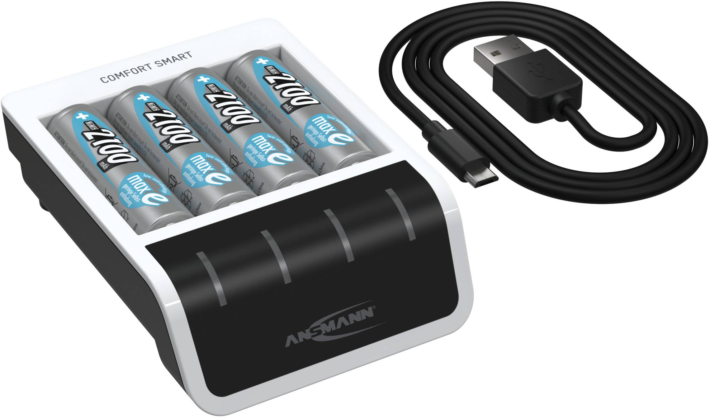 Ladegerät mit vier AA-Batterien und USB-Anschlusskabel, geeignet für wiederaufladbare Batterien. Markenname 'Ansmann' erkennbar.