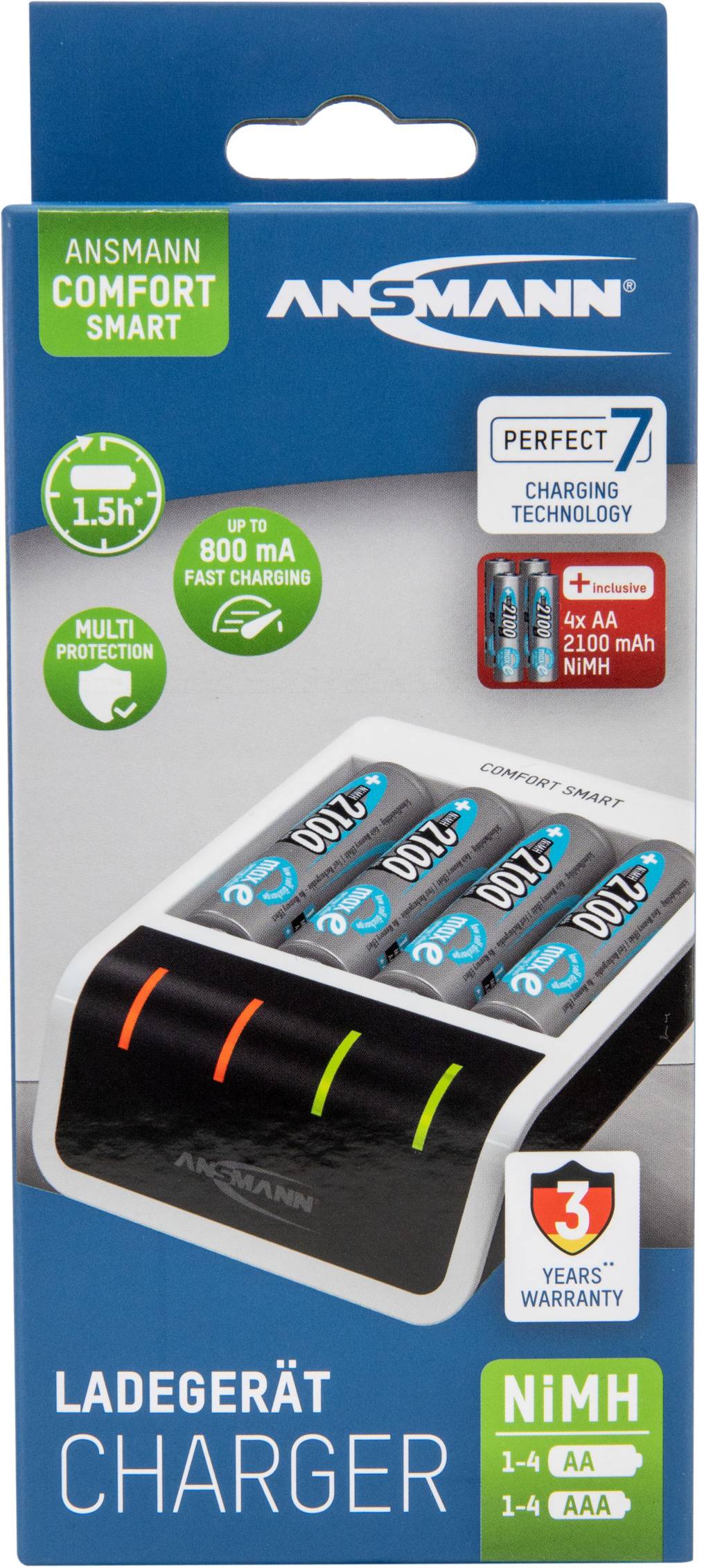 Das Bild zeigt eine Verpackung eines 'Ansmann Comfort Smart Ladegeräts' für AA-/AAA-Batterien. Es verspricht schnelle und sichere Ladung.