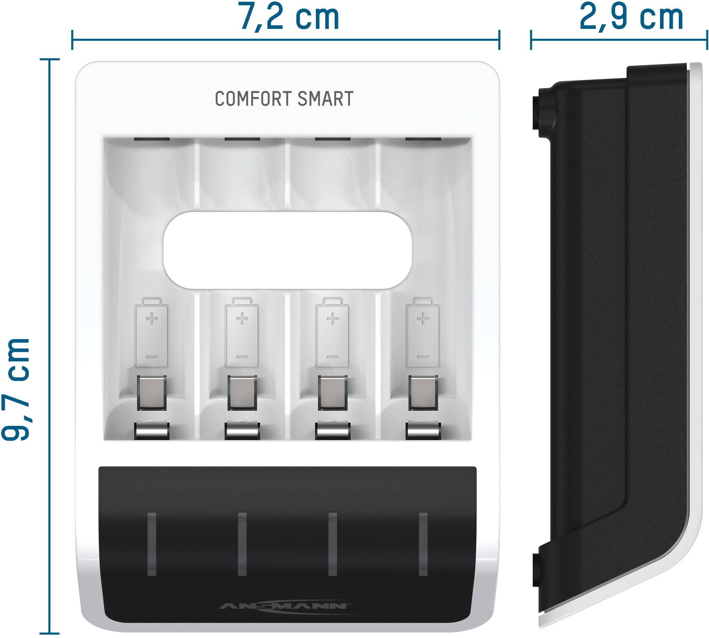 Ladegerät für vier AA/AAA-Batterien, abnehmbarer Deckel rechts. Maße: 7,2 cm Breite, 9,7 cm Höhe, 2,9 cm Tiefe.