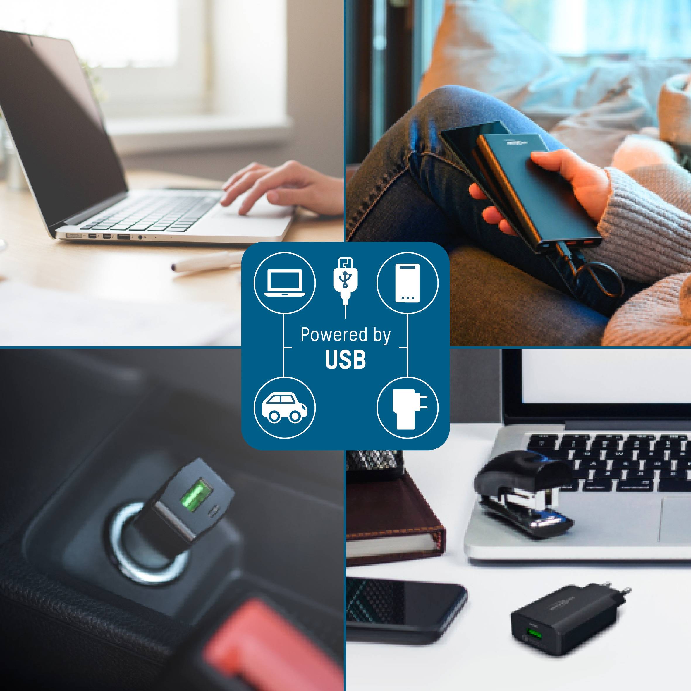 Auswahl an USB-Geräten: Laptop, Smartphone, Adapter. USB-Symbol in der Mitte zeigt Kompatibilität zwischen den Geräten.
