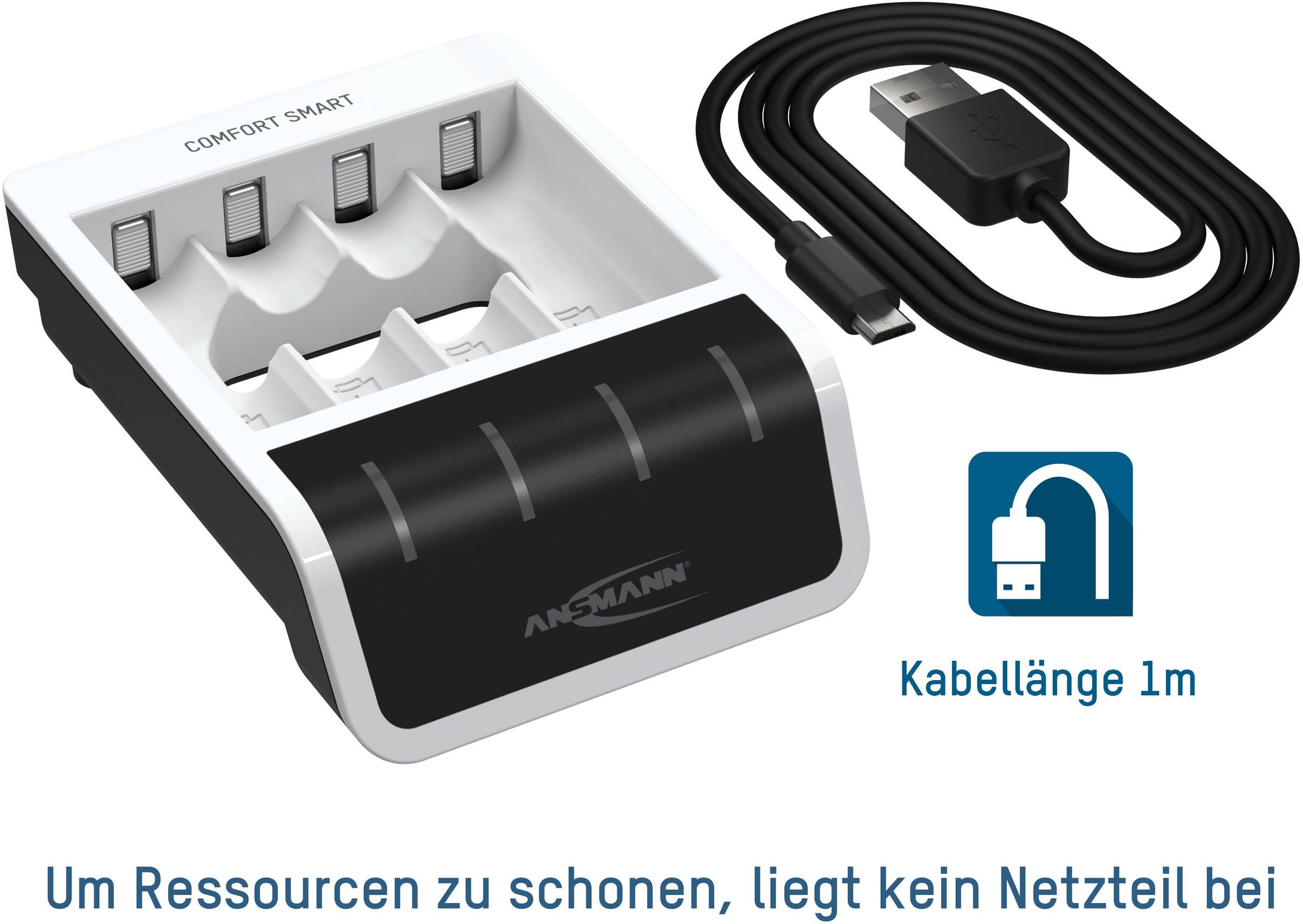 Ladegerät mit Platz für vier AA/AAA-Akkus und USB-C-Kabel. Text: 'Um Ressourcen zu schonen, liegt kein Netzteil bei'. Kabellänge 1m.