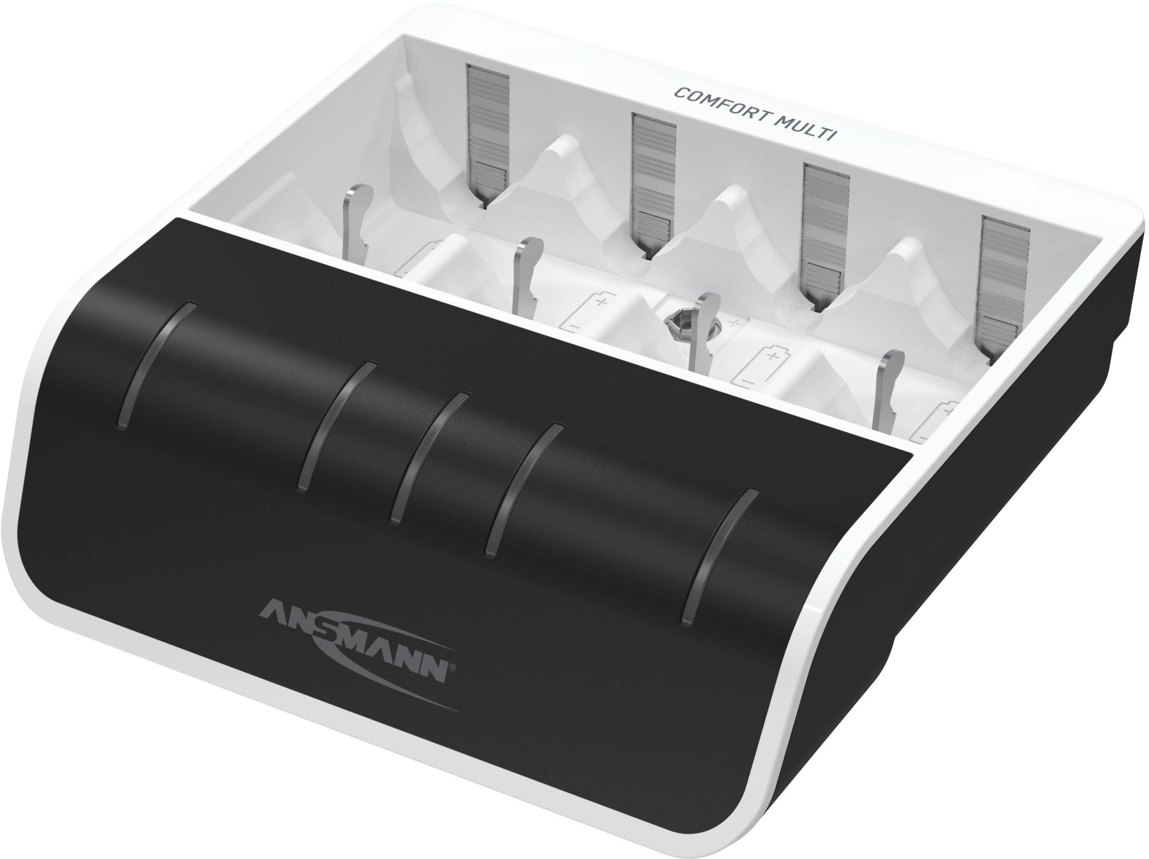 Ladegerät für Batterien mit mehreren Ladesteckplätzen, Produktname 'Comfort Multi', auf schwarzem und weißem Gehäuse.