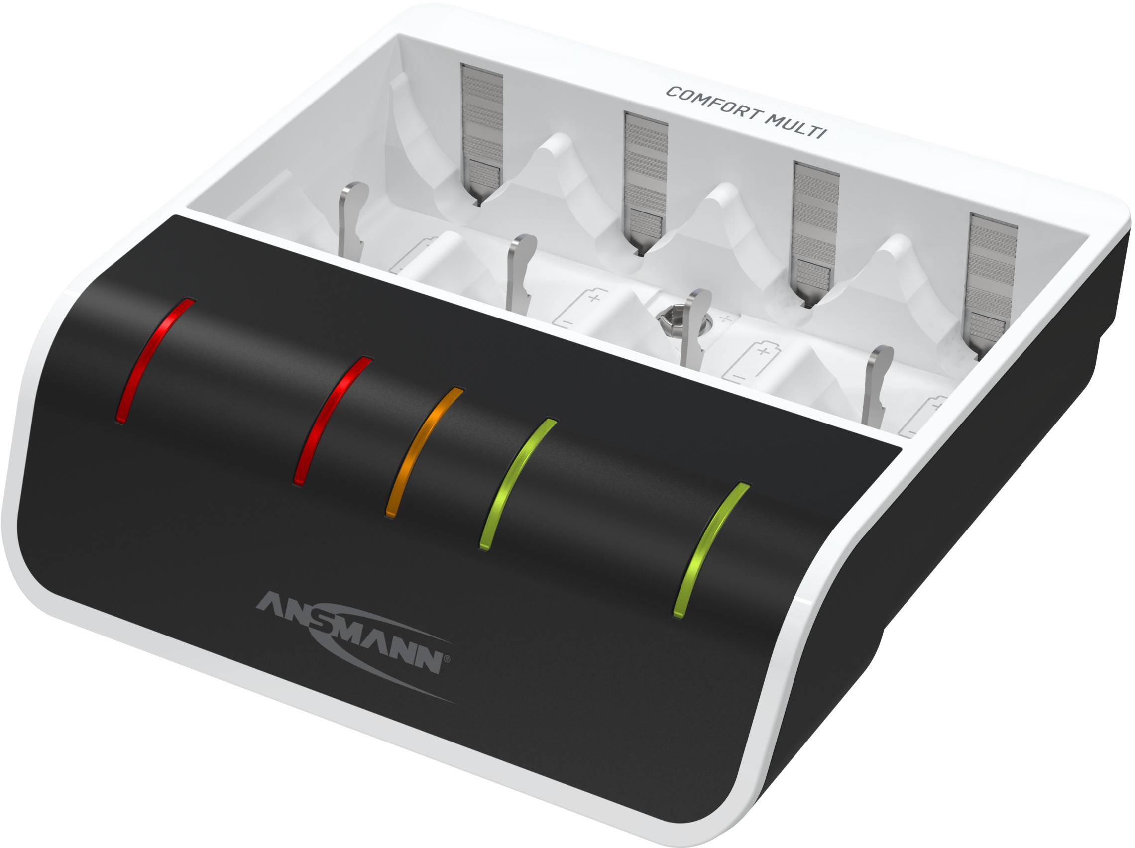 Ein Batterieladegerät mit sechs Ladeplätzen, gekennzeichnet durch vier farbige LED-Statusanzeigen vorne: rot, orange und grün.