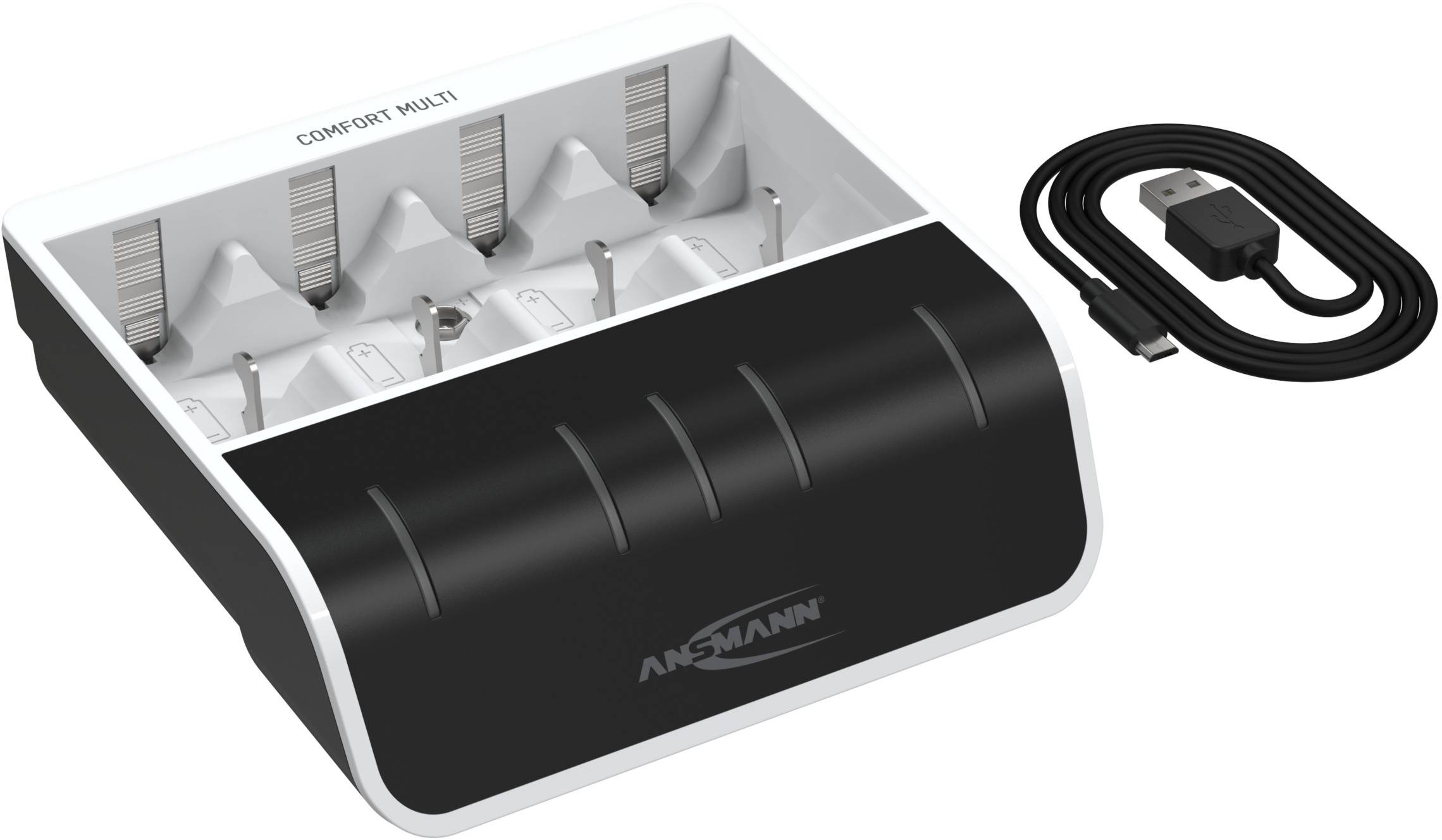 'Ladegerät Comfort Multi' für Batterien mit mehreren Ladefächern, daneben ein USB-Kabel.