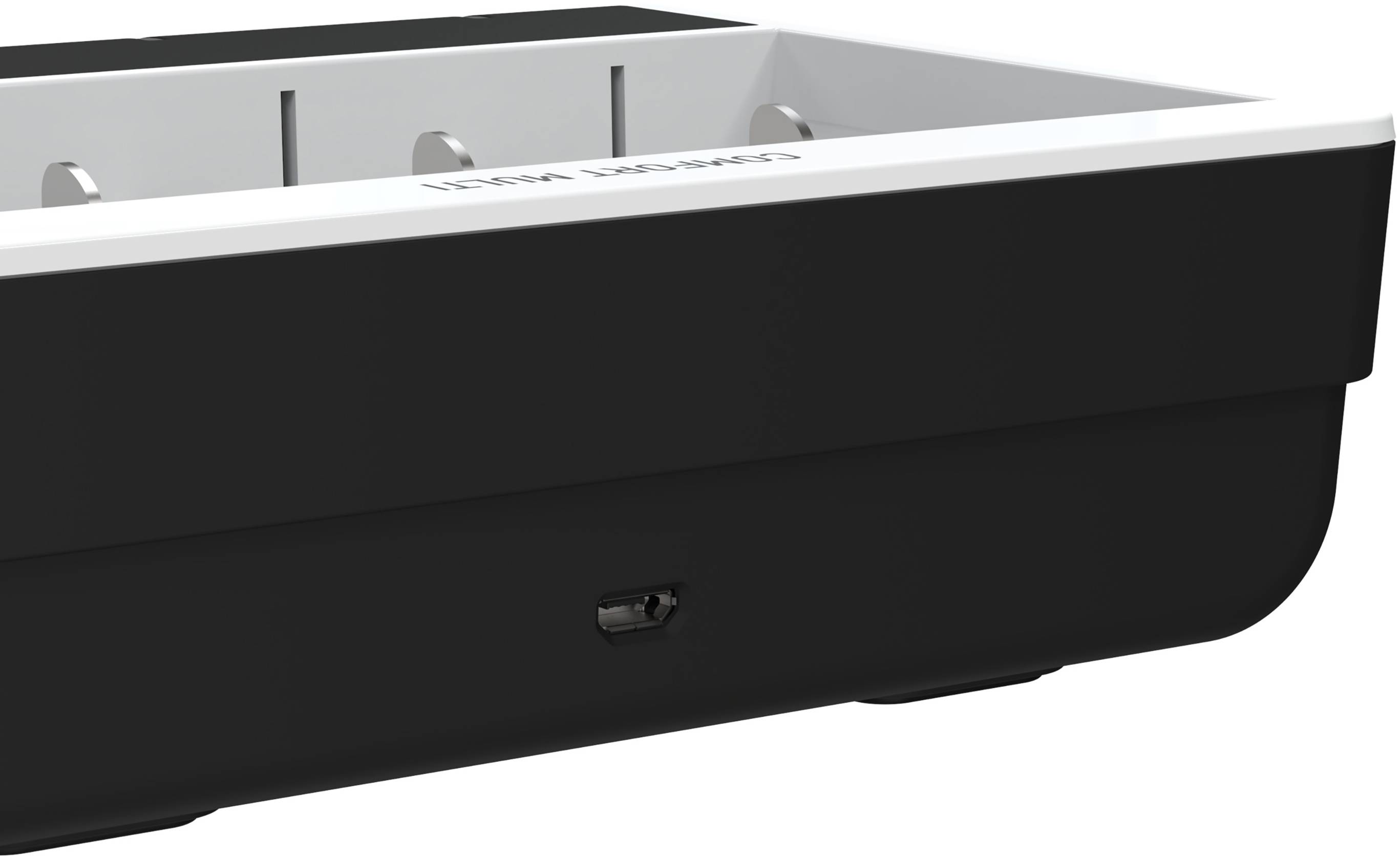 Schwarze Ladegerät-Dockingstation mit vier Ladesteckplätzen und einem Micro-USB-Anschluss an der Seite.