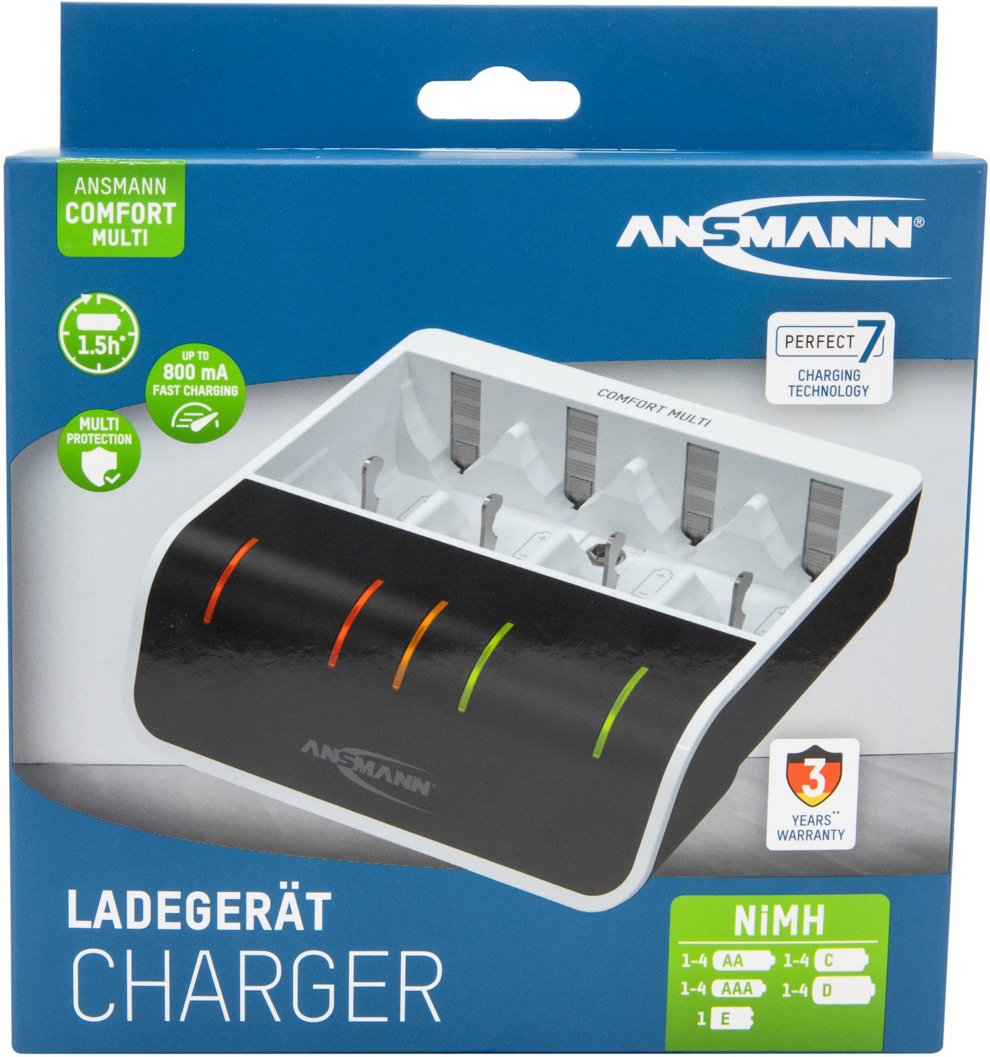 Ladegerät mit Platz für 4 AA-/AAA-Akkus, schwarzes Gehäuse, 3 Jahre Garantie, schnelle Ladung, geeignet für Ansmann-Produkte.