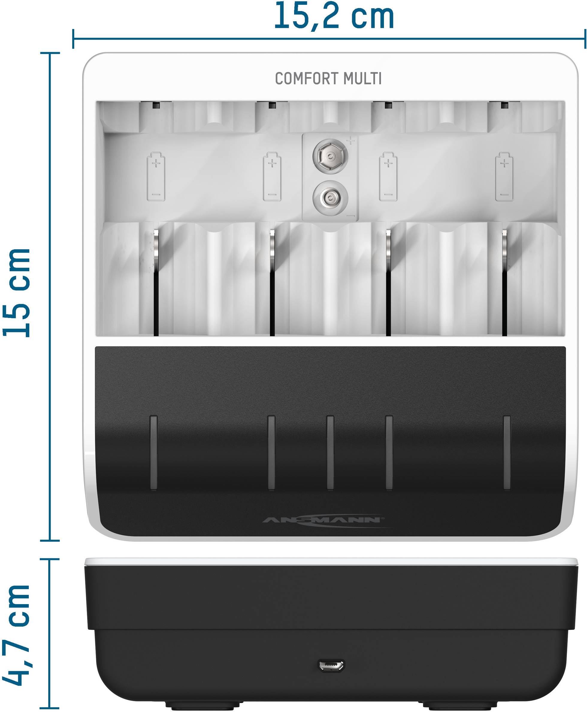 Batterieladegerät mit vier Ladeschächten und USB-Anschluss an der Vorderseite. Maße: 15,2 cm breit, 15 cm hoch, 4,7 cm tief.
