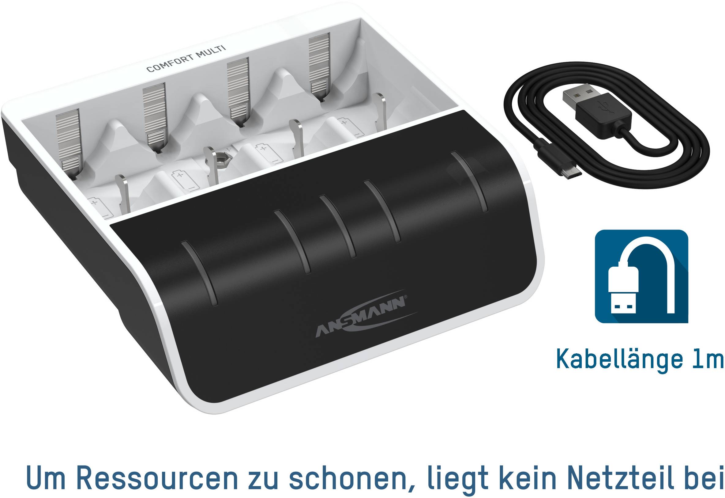 Schwarz-weißes Akkuladegerät für mehrere Batterien mit USB-Kabel. Hinweis: Kein Netzteil enthalten, Kabellänge 1m.