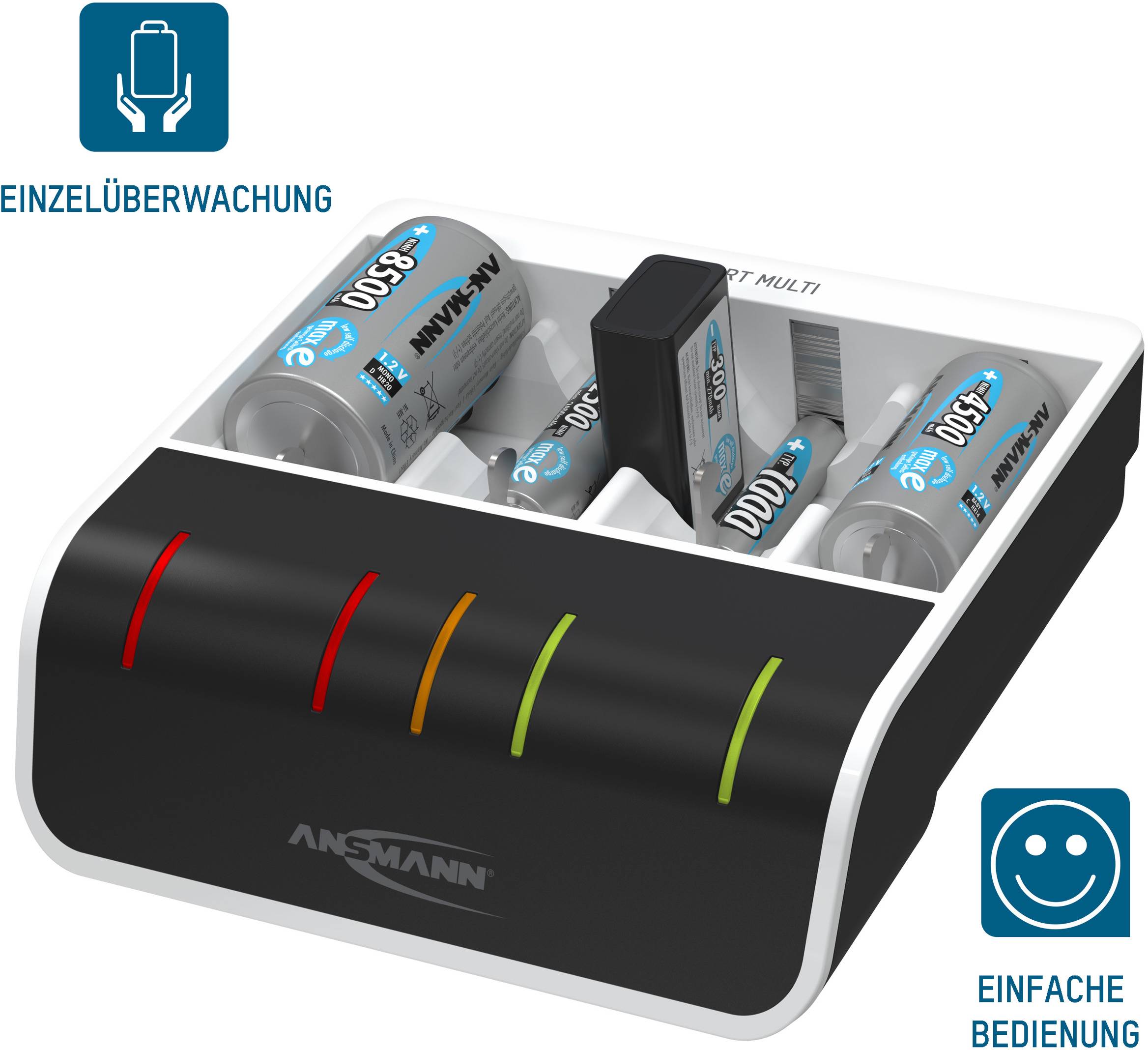 Ladegerät mit vier wiederaufladbaren Batterien, Kontrollleuchten zur Überwachung, beschriftet mit 'Einzelüberwachung' und 'Einfache Bedienung'.