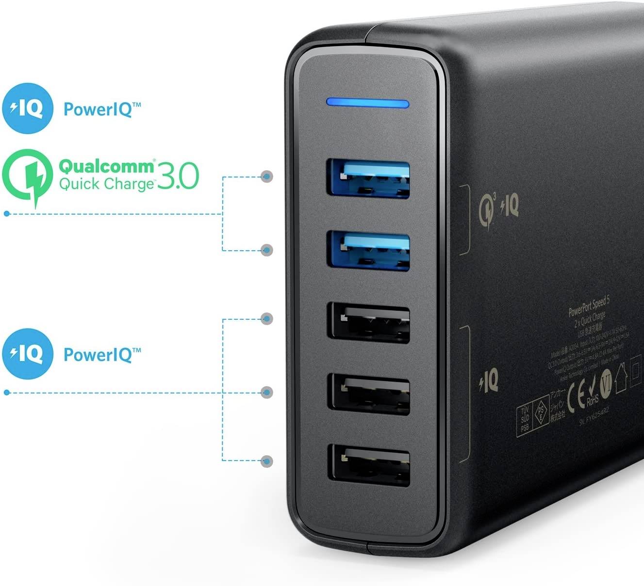 Anker PowerPort 5 USB Ladestation 63 W USB Schwarz Steckdose