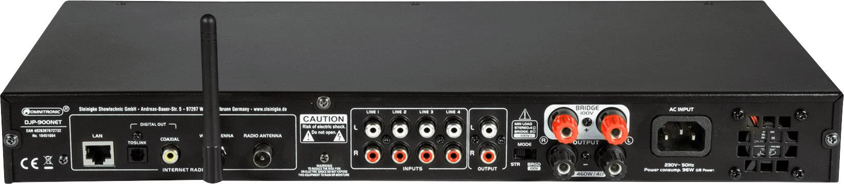 Omnitronic DJP-900NET PA Verstärker Bluetooth®, DAB+, Internetradio, WLAN RMS Leistung je Kanal an