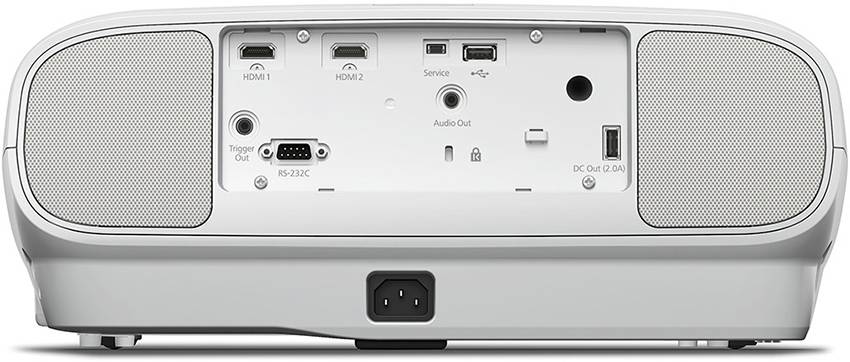 Rückseite eines Projektors mit Anschlüssen: zwei HDMI-Ports, USB-Anschluss, Audio-Ausgang. Oberhalb befinden sich Lüftungsschlitze.