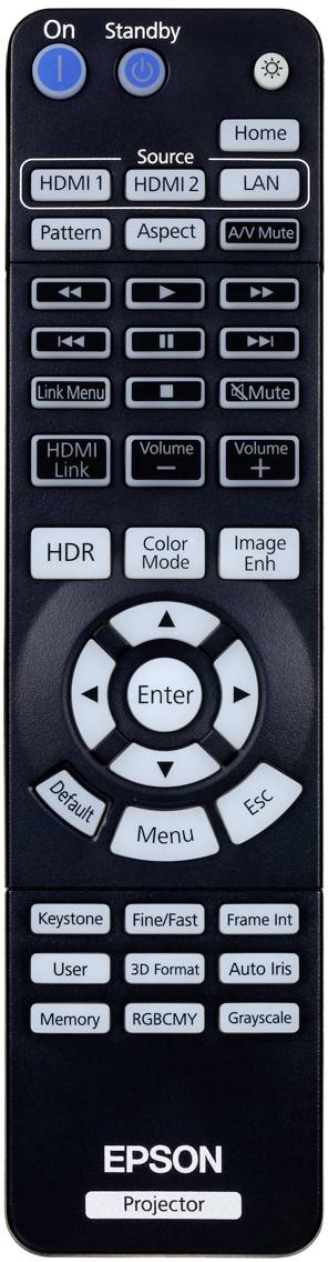 Fernbedienung für Epson-Projektor mit Tasten für HDMI, LAN, Lautstärke, Stummschaltung, HDR und Bildmodi.