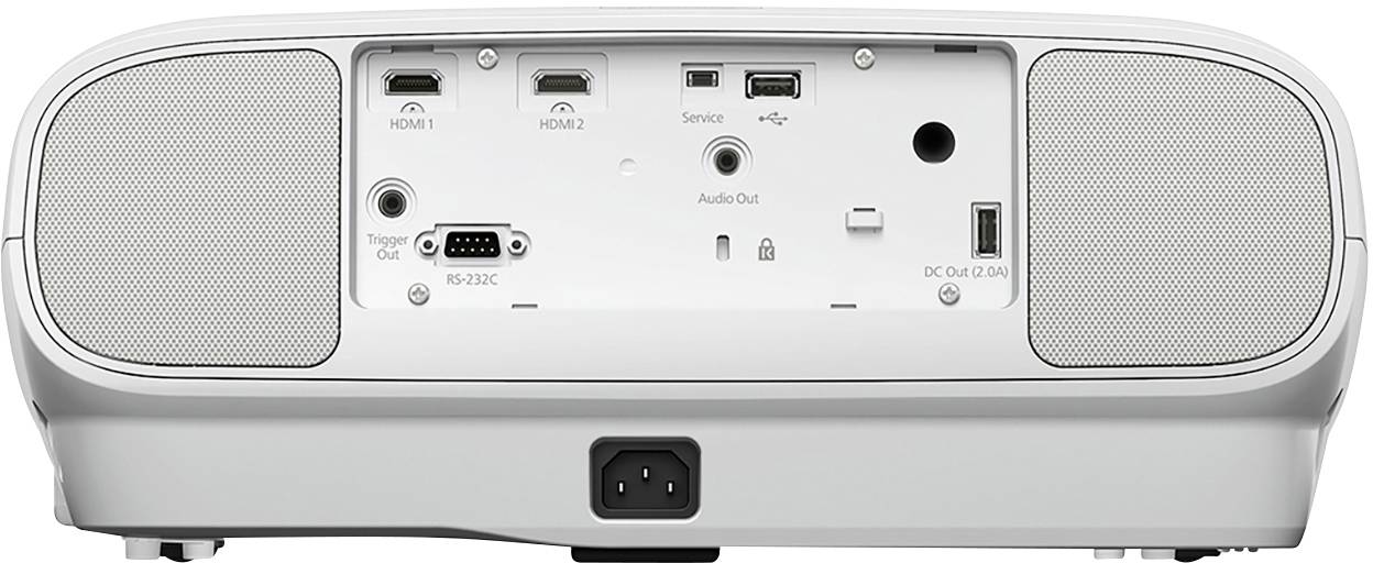 Die Rückseite eines weißen Projektors mit zwei HDMI-Anschlüssen, Audioausgang, USB-Serviceport und Stromanschluss in der Mitte.