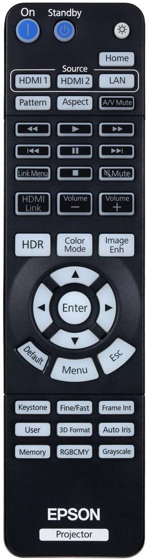 Fernbedienung für EPSON-Projektor mit Tasten für Strom, Quelle, HDMI-Eingänge, Menüsteuerung, Farbmodi und Bildanpassung.
