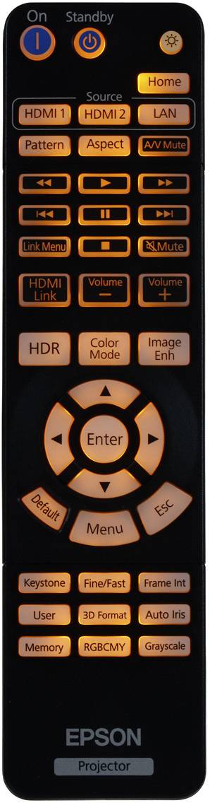 Fernbedienung eines Beamers mit beleuchteten Tasten für Funktionen wie HDMI-Auswahl, Lautstärke, HDR, Farbe, und Menüzugriff.
