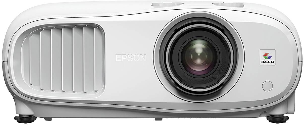 Ein weißer Projektor mit Objektiv links und dem Logo '3LCD' rechts. Marke: Epson. Ideal für Heimkino oder Präsentationen.