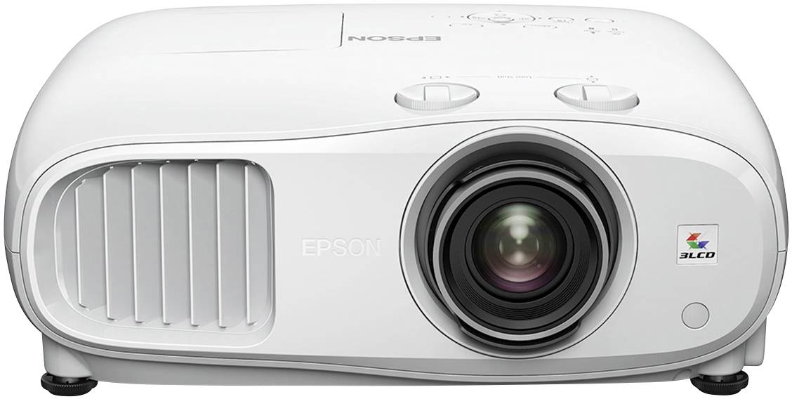 Weißer Epson Projektor mit großem Objektiv und Lüftungsschlitzen, geeignet für Präsentationen und Heimkino.