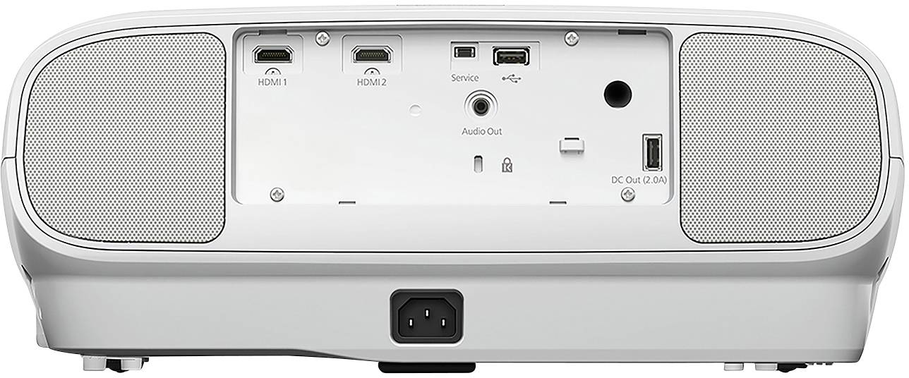 Rückansicht eines Projektors mit Anschlüssen: HDMI 1 und 2, USB, Audio Out. Netzstecker und Serviceanschluss zentral platziert.