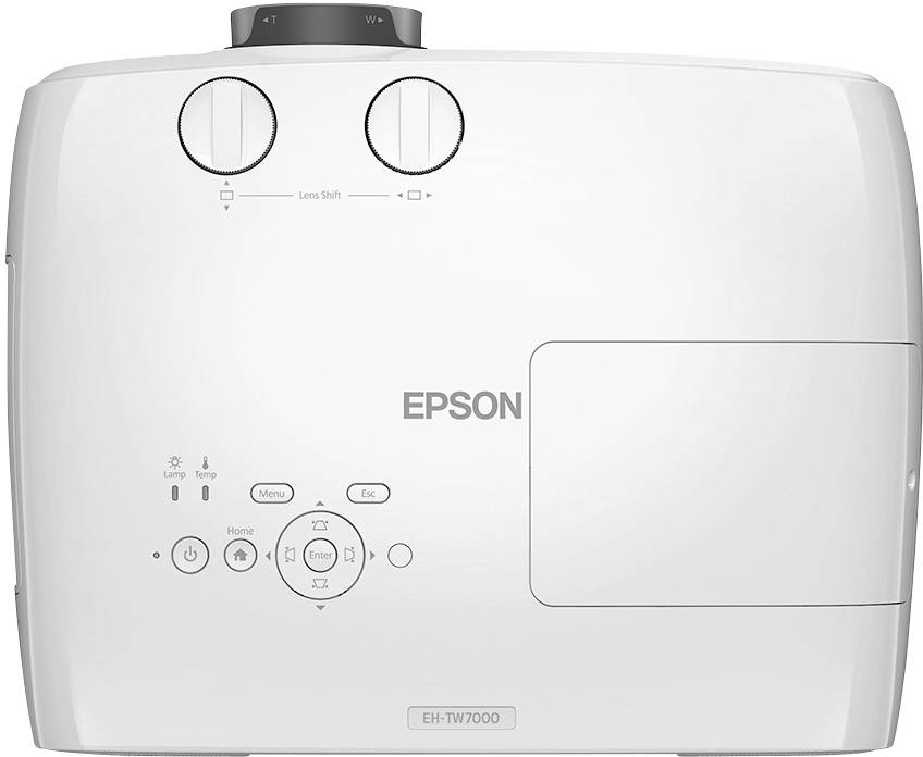 Ein weißer Epson-Projektor mit Bedienelementen oben, inklusive Menütasten und Linsenverstellung. Modell EH-TW7000.