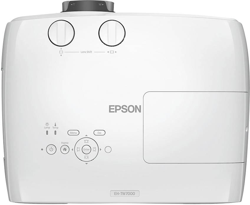 Ein Beamer von oben gesehen, mit verschiedenen Bedienelementen und dem Markenlogo in der Mitte. Modelnummer: EH-TW7000.