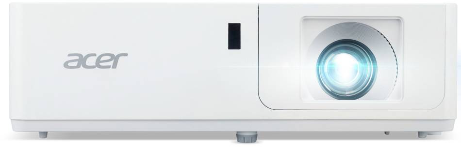 Ein weißer Acer-Projektor mit leuchtendem Objektiv auf flacher Oberfläche.