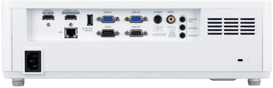 Die Rückseite eines Projektors mit verschiedenen Anschlüssen, darunter HDMI-, USB-, VGA- und Audio-Ports, sowie eine LAN-Buchse.