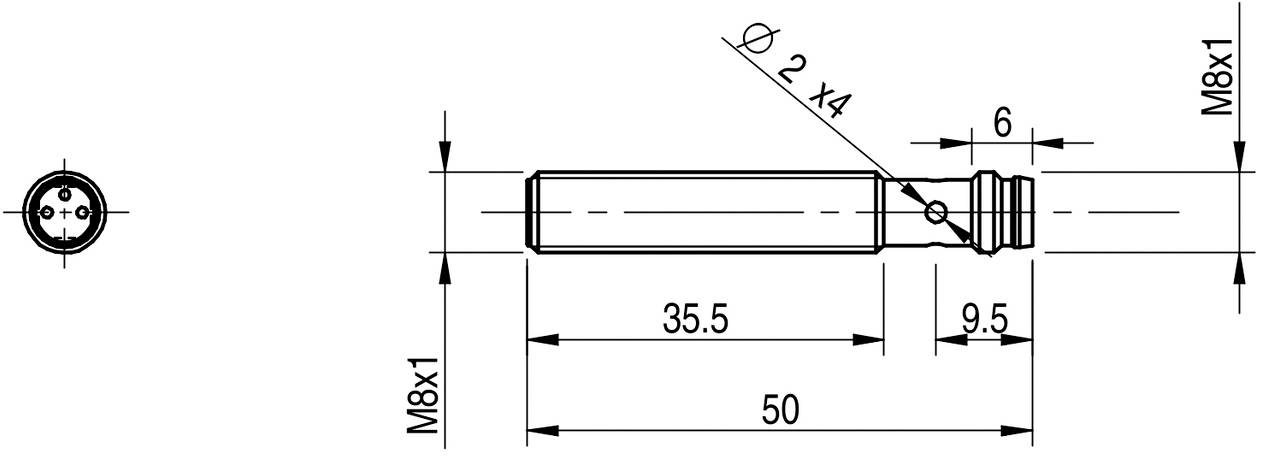 Technische Zeichnung eines zylindrischen Bauteils mit Maßen: Länge 50 mm, Durchmesser 14 mm. Gewinde M8x1 an beiden Enden.