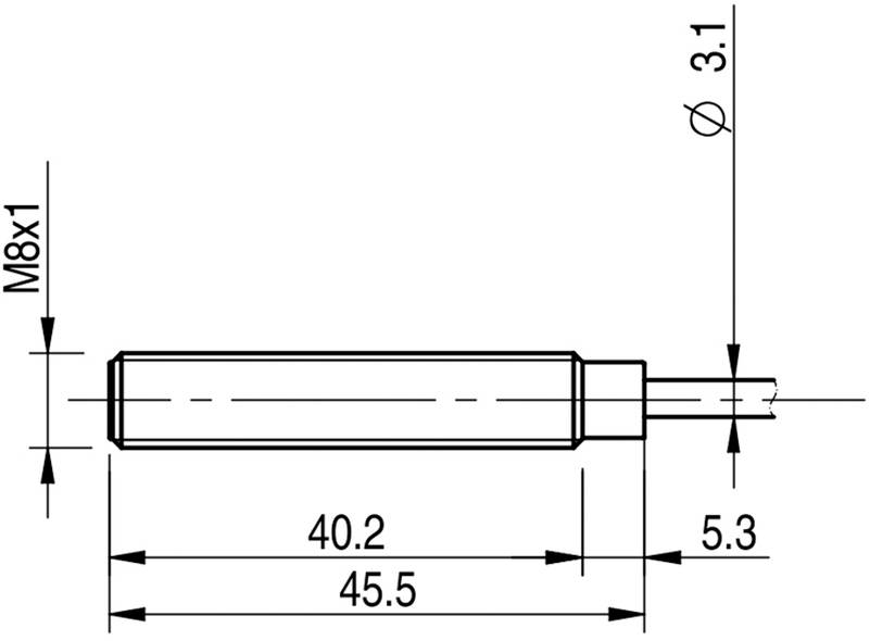 Technische Zeichnung eines zylindrischen Bauteils mit den Maßen 40,2 mm Länge, 3,1 mm und 5,3 mm Durchmesser, Gewinde M8x1.