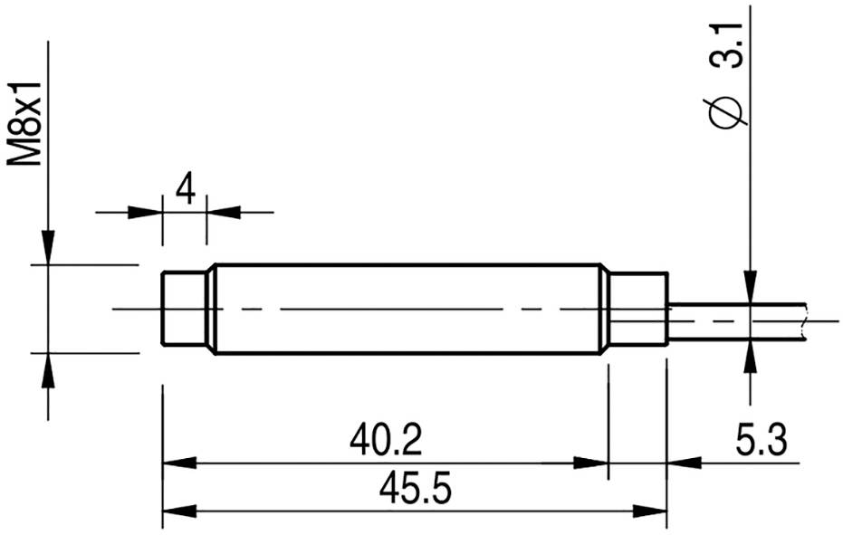 Technische Zeichnung eines zylindrischen Bauteils mit Maßen: Gesamtlänge 45.5 mm, Breite 4 mm. Gewinde M8x1, Lochdurchmesser 3.1 mm.