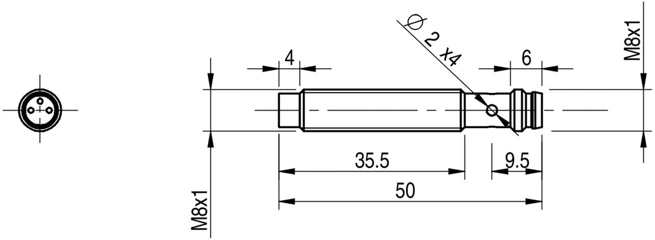 Technische Zeichnung eines zylindrischen Bauteils mit Maßen: Gesamtgröße 50 mm, Durchmesser Ø2x4, Gewinde M8x1. Seiten- und Vorderansicht.