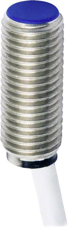 Ein zylindrischer Näherungsschalter mit geriffeltem Metallgehäuse und blauem Kunststoffkopf, verbunden mit einem weißen Kabel.