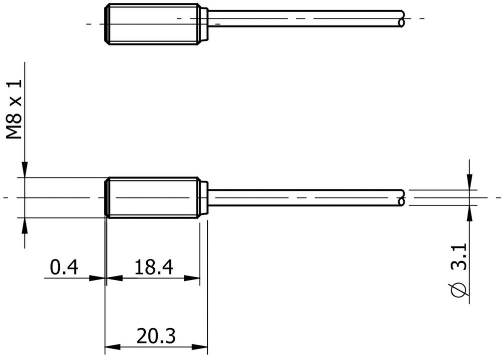Technische Zeichnung eines zylindrischen Sensors mit Maßen: M8 x 1, Länge 20,3 mm, Durchmesser 3,1 mm, mit detaillierten Abstandsangaben.