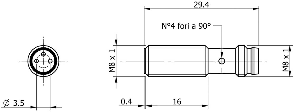Technische Zeichnung eines Zylinders mit den Maßen: Länge 29,4 mm, Durchmesser 3,5 mm, Gewinde M8 x 1. Maße und Ansichten beschriftet.