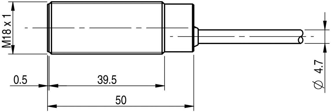 Technische Zeichnung eines zylindrischen Bauteils mit Maßen: Gesamtlänge 50 mm, Durchmesser 4.7 mm. Gewinde M18 x 1.