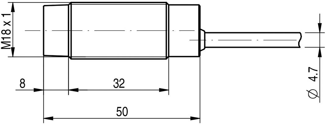 Technische Zeichnung eines zylindrischen Objekts mit den Maßen: Gesamtlänge 50 mm, Durchmesser 18 mm, und Stab 4,7 mm.